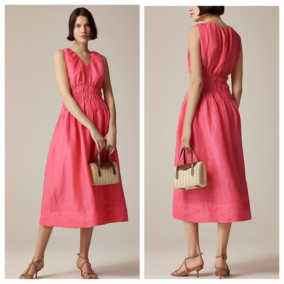 NEW J. Crew Women's Hyacinth V-Neck Pink Midi Dress in Ramie M - Picture 1 of 9